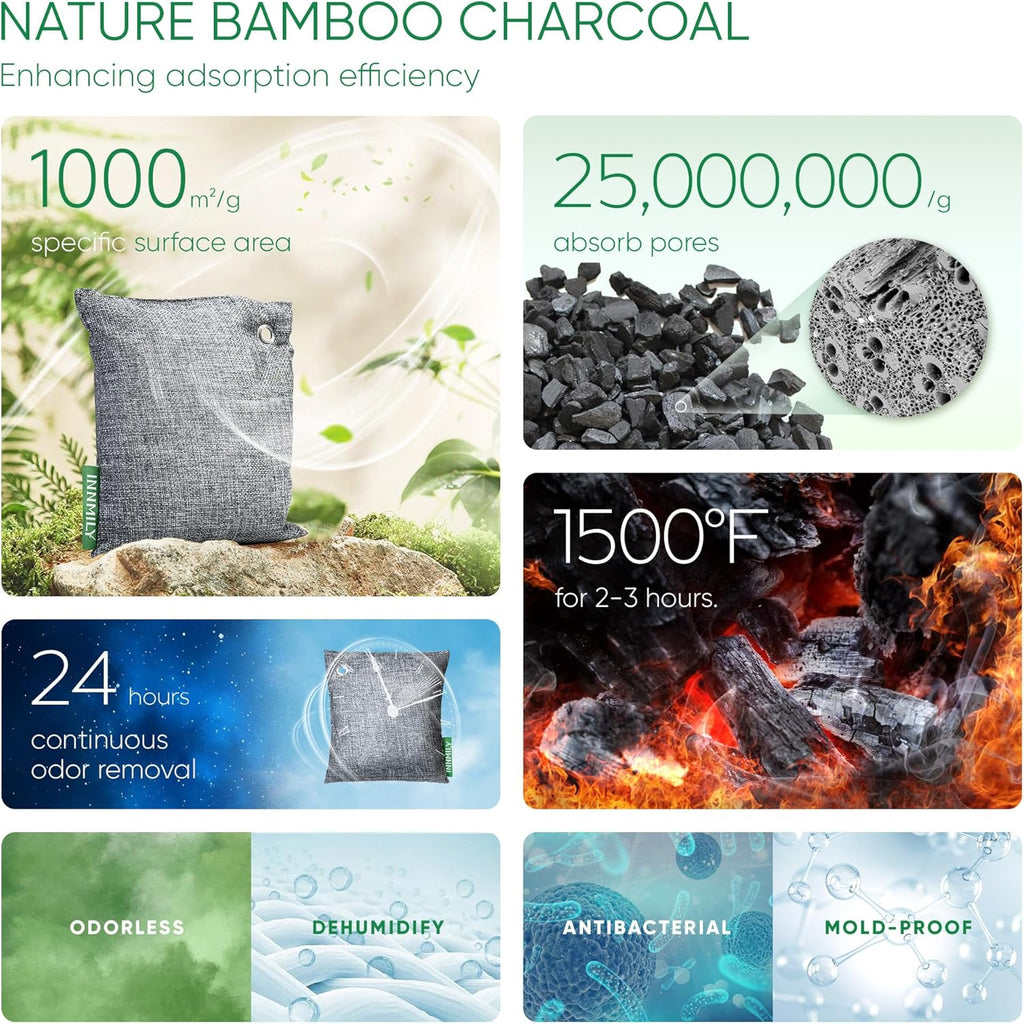 Activated Charcoal Odor Absorber, 6 Pack Natural Shoe Odor Eliminator, Bamboo