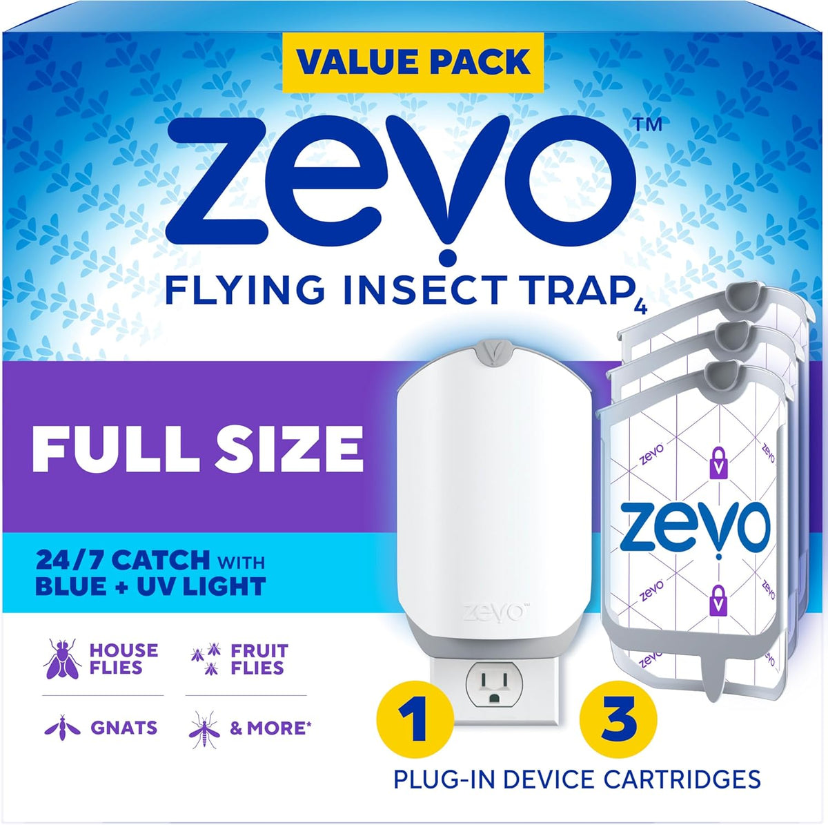 Zevo Flying Insect Trap & 3 Refill Cartridges - Plug in Fly Trap & Indoor Bug