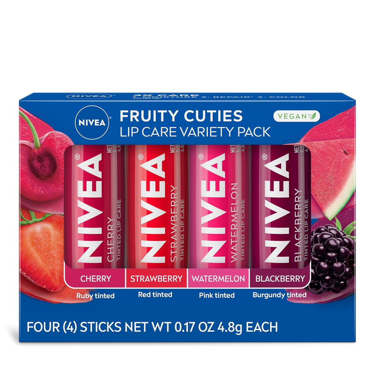NIVEA Lip Care, Fruity Tinted Lip Balm Variety Pack, Cherry, Strawberry