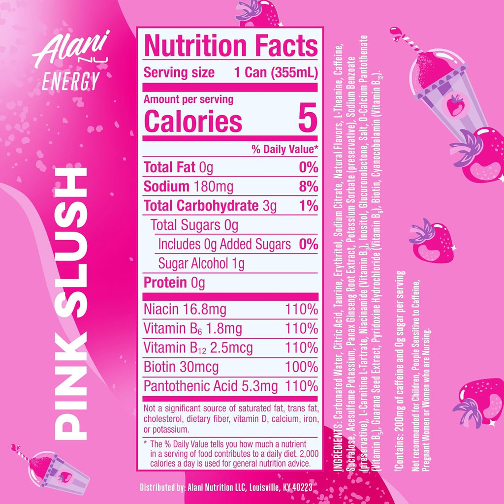 Alani Nu PINK SLUSH, Sugar Free, Low Calorie Energy Drinks, 200mg Caffeine