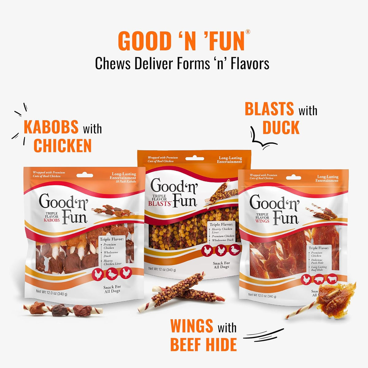 Good ‘n’ Fun Triple Flavor Kabobs Chews for All Dogs, 24 Ounces, Treat Your