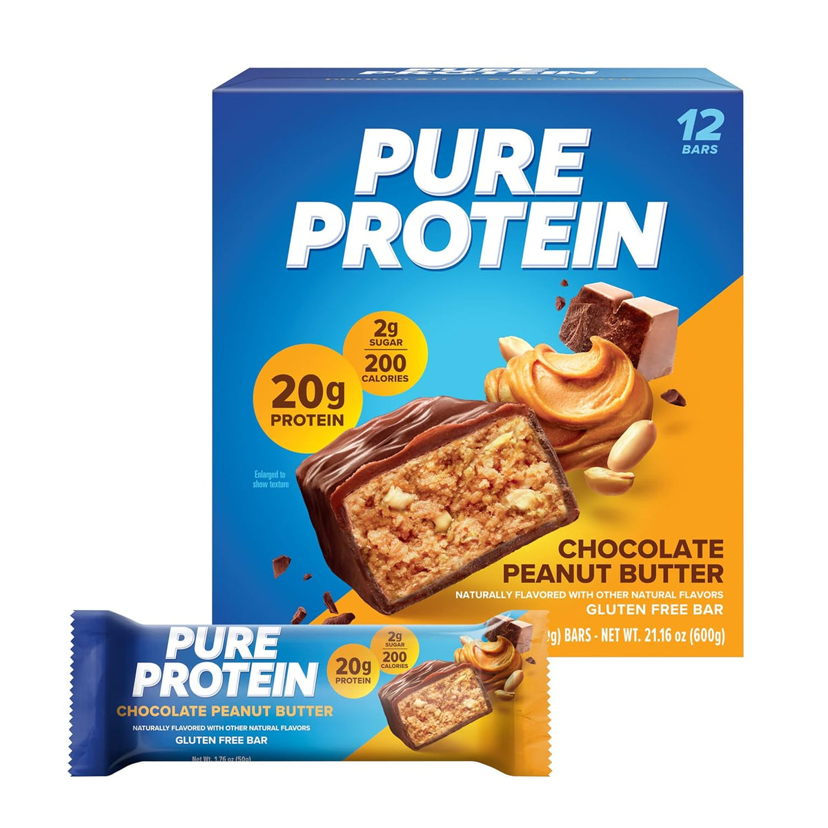 Pure Protein Chocolate Peanut Butter Protein Bars – 20g Protein, 3g Sugar