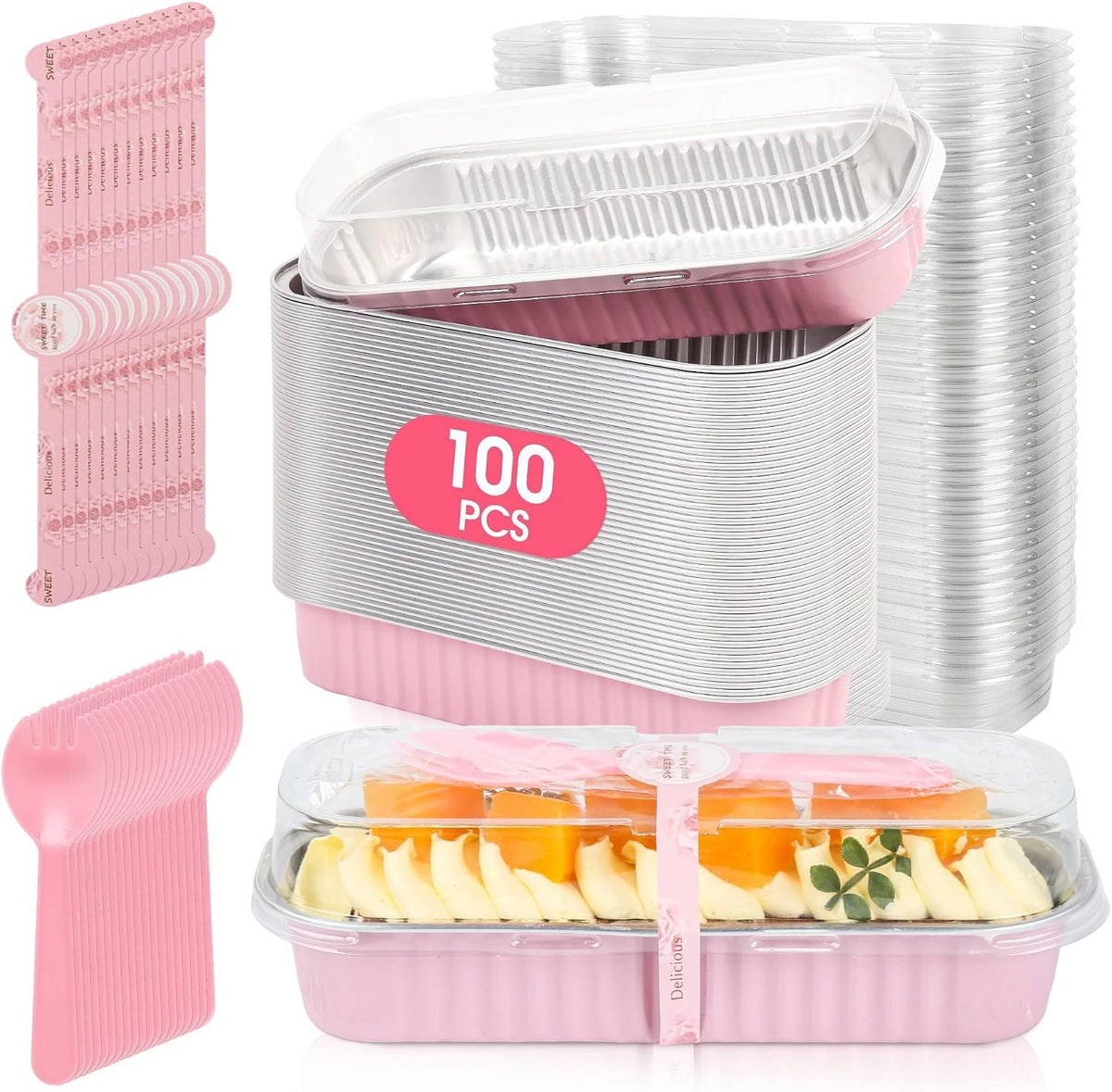 100 Pack Mini Cake Pans with Lids and Spoons