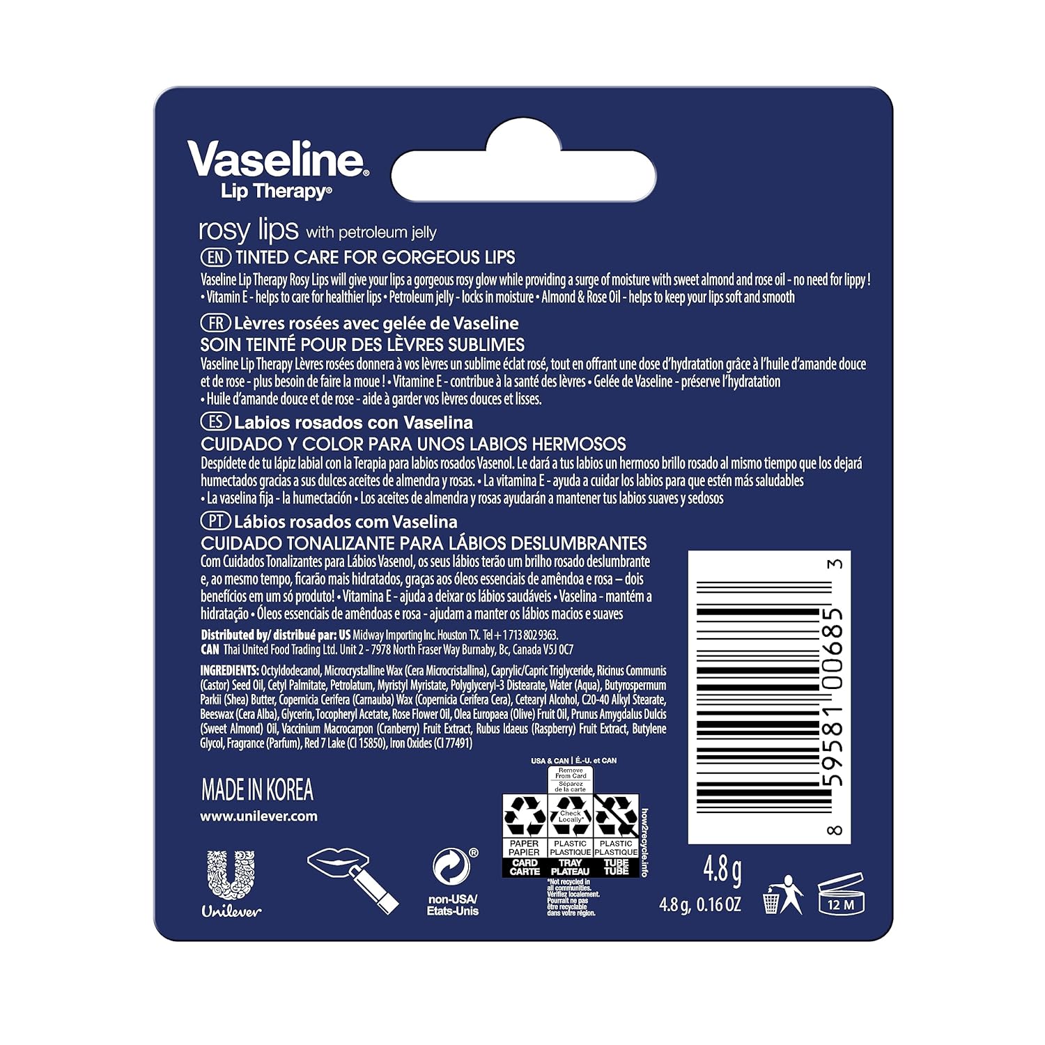 Vaseline Lip Therapy Care Rosy, Fast-Acting Nourishment, Ideal for Chapped