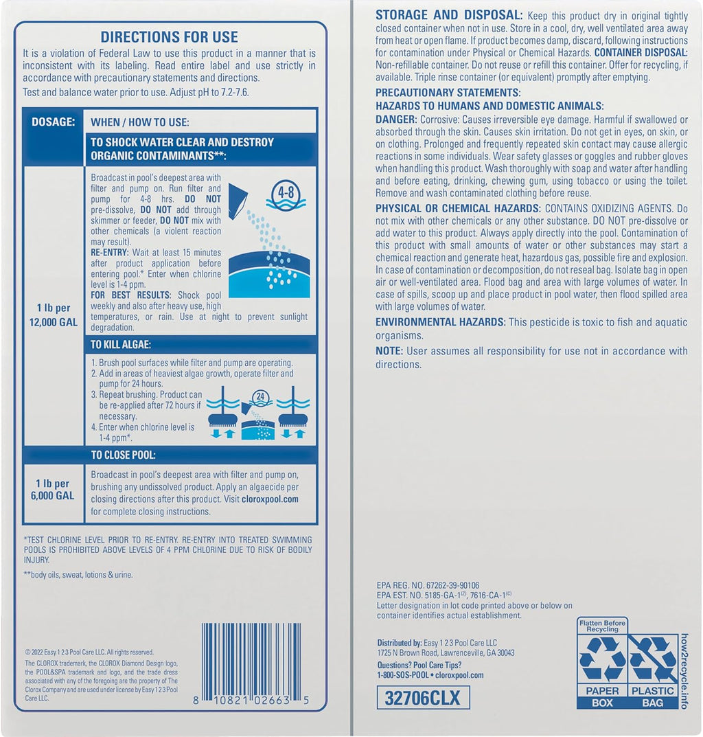 Cloroxå¨ Pool&Spa‰ã¢ Shock Clear, for Crystal Clear Swimming Pool Water
