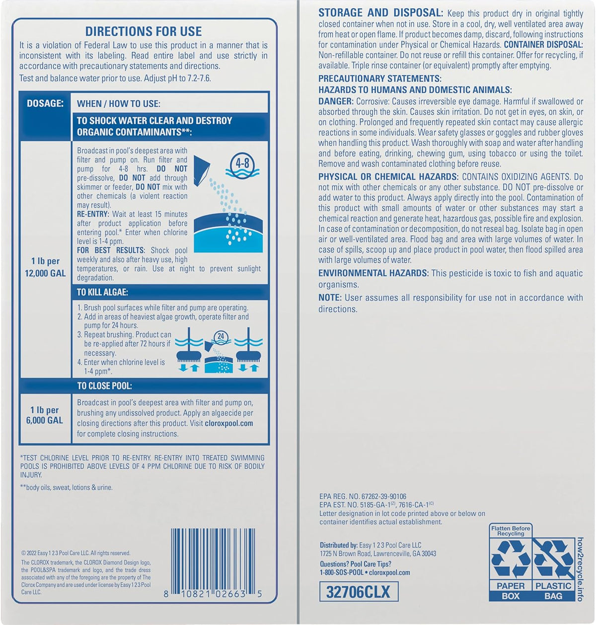 Cloroxå¨ Pool&Spa‰ã¢ Shock Clear, for Crystal Clear Swimming Pool Water