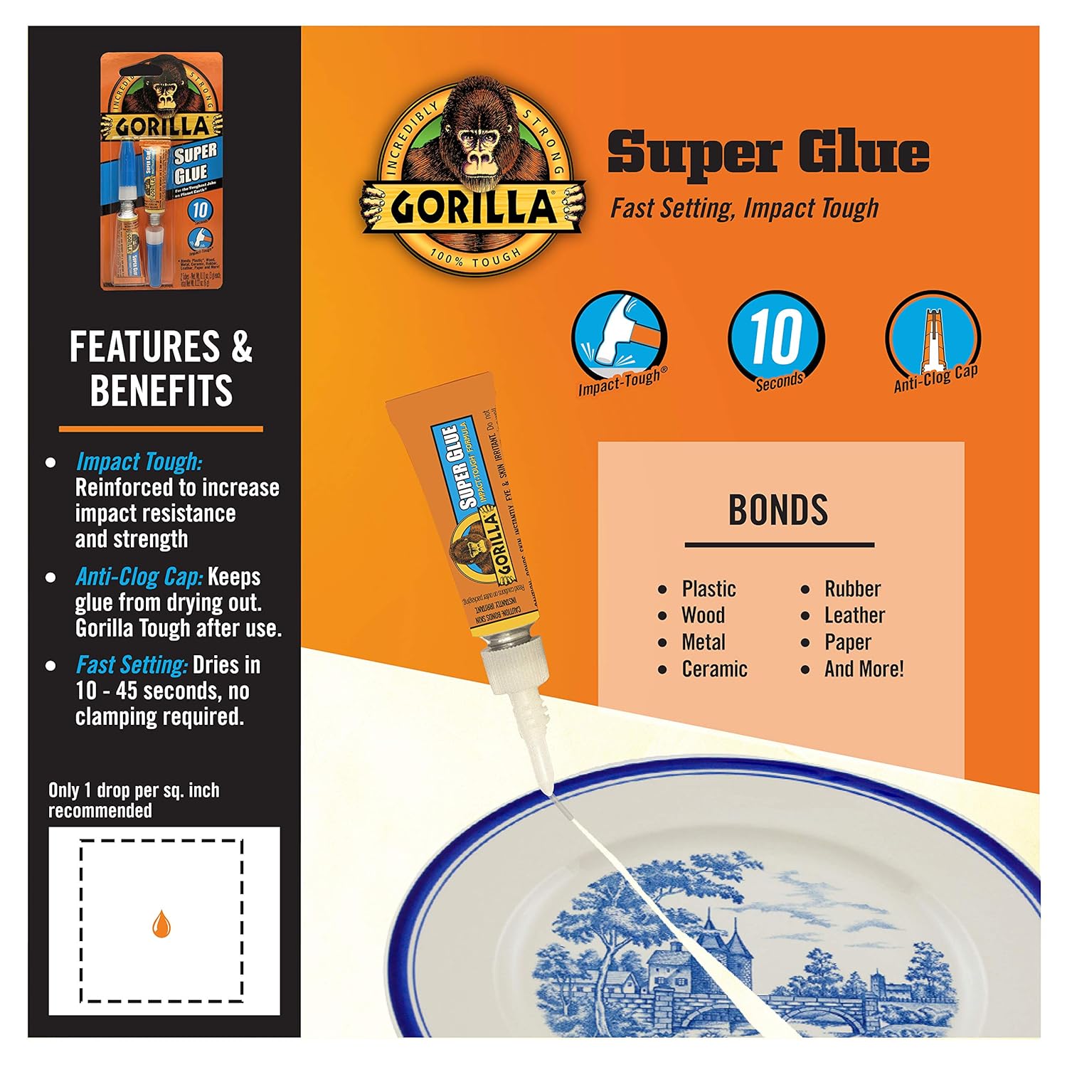 Gorilla Super Glue, Fast‑Setting, Impact‑Tough All‑Purpose Adhesive with